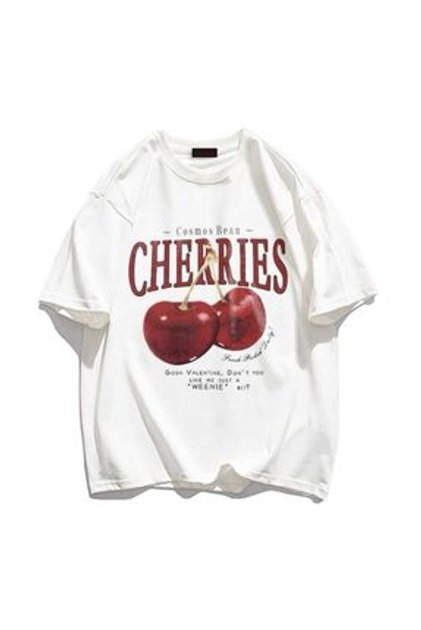 Red Cherries Baskılı Oversize Kadın/Erkek Unisex Beyaz Tshirt