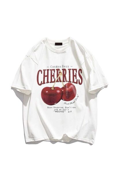 Elvino Red Cherries Baskılı Oversize Kadın/Erkek Unisex Beyaz
