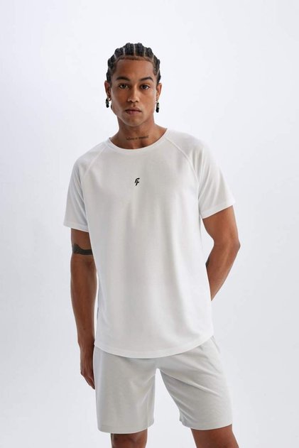 Defactofit Grey Slim Fit Slim Fit Crew Neck Printed Sports Short Sleeve Basic Solid T-Shirt