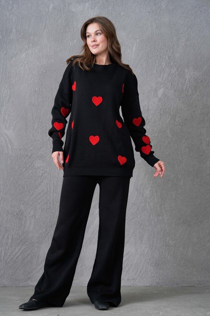 Women's Crew Neck Heart Print Sweater and High Waist Pants Bottom Top Black Knitwear Suit 3114
