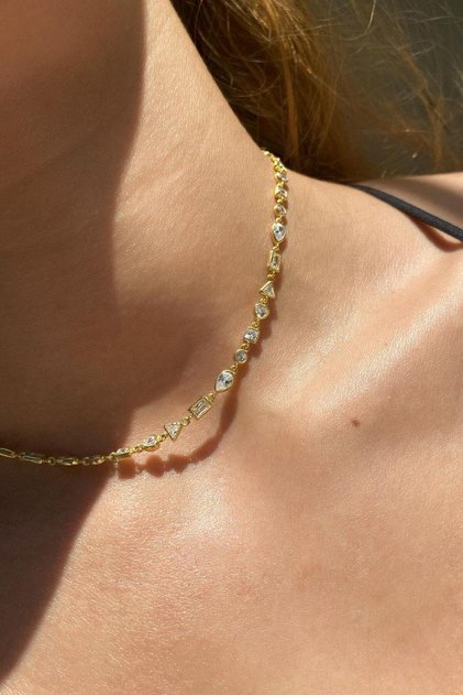 925 Ayar Gümüş, Gold, Geometrik Taşlı Choker Kolye