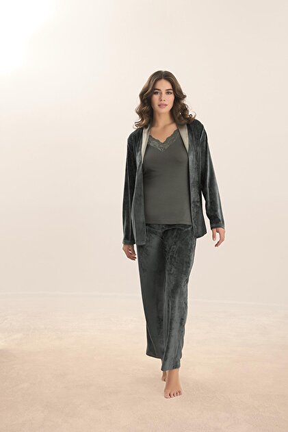 Sevim Women's Velvet 3-Piece Dark Green Dressing Gown & Pajama Set  C0T9N1O61- Trendyol