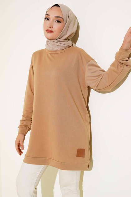 Kahverengi Iki Iplik Yırtmaçlı Tesettür Sweat