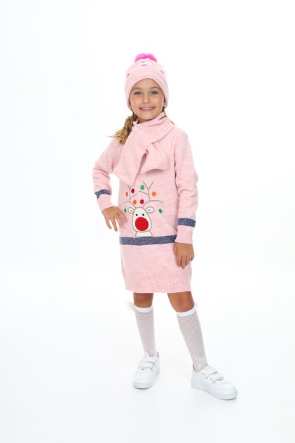 Girl's Dress Deer Embroidered Beret and Scarf Set of 3