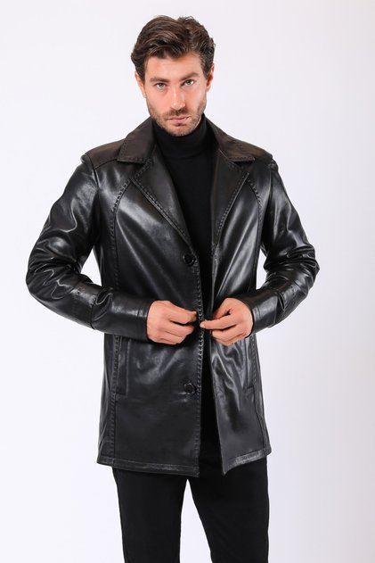 Siyah Hakiki Deri Blazer Ceket
