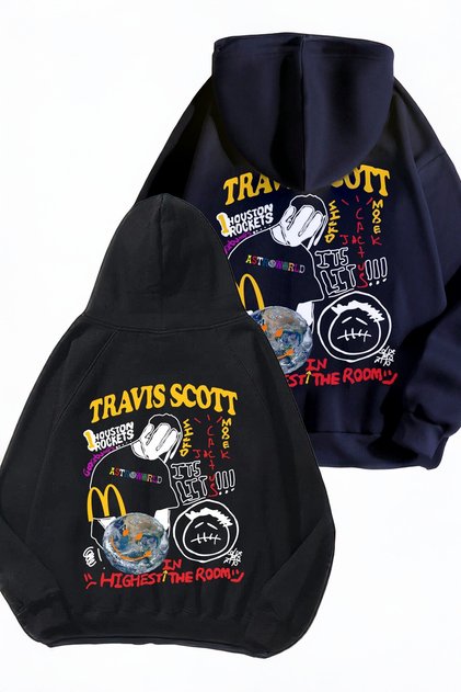 2-Piece Travis Scott Sweatshirt - Black Navy Blue Printed Oversize Thick Hooded Hoodie