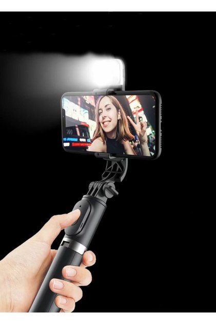 Siyah Kablosuz Kumandalı Telefon Selfie Çubuğu Ayaklı Tripod Bluetooth Kumandalı Led Işıklı