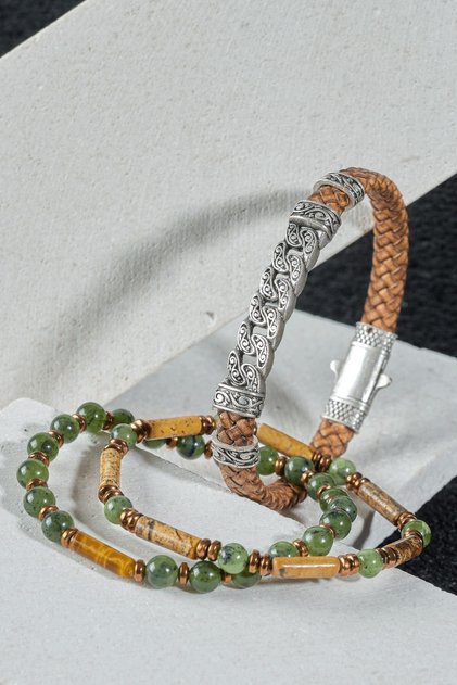 Positive Energy Bracelet - Brass Plated and Genuine Leather with Jasper, Jade, Tiger's Eye, and Hematite