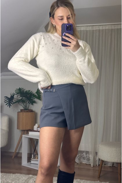 White Soft Sweater with Silver Embroidery Detail