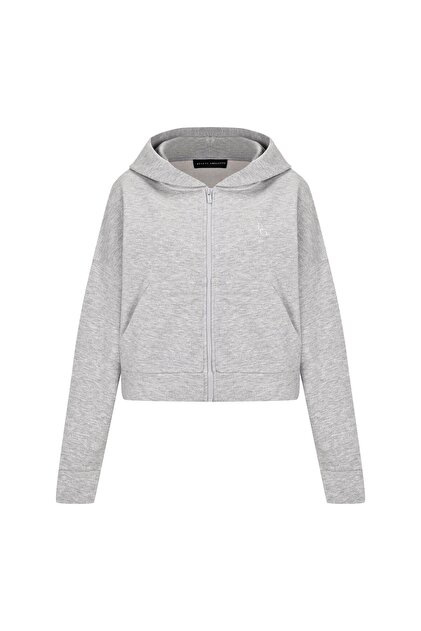 Gri Melanj Fermuarlı Kısa Hoodie