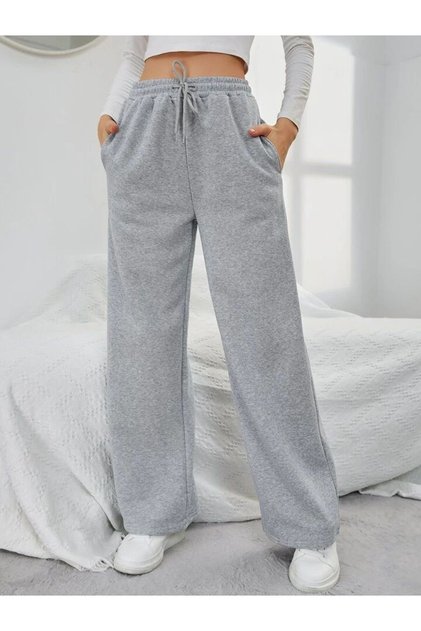 Gray Winter Thick Raised Fleece Inside High Waist Wide Leg Lace-Up Sweatpants with Hidden Pockets