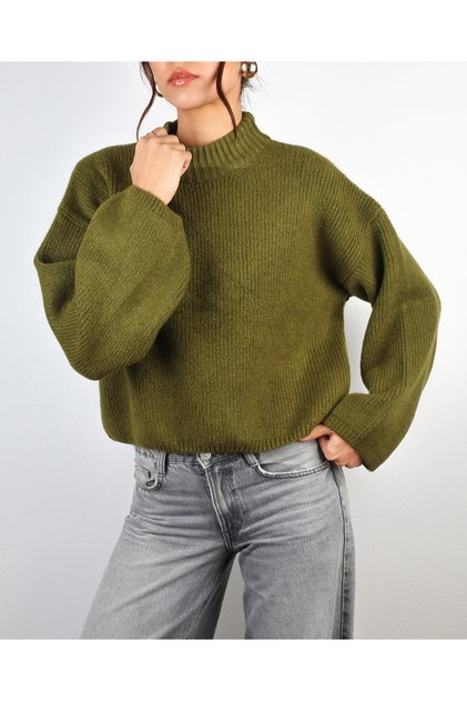 Kadın Haki Crop Yumuşak Oversize Kazak