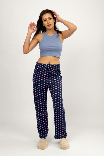 Navy Blue Pink Polka Dot Women's Fleece Pajamas Bottoms Winter Elastic Waist Single Bottom