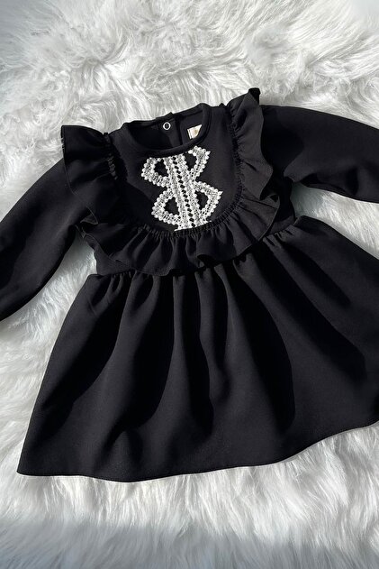 Lace Detailed Ruffled Baby Girl Black Crepe Dress