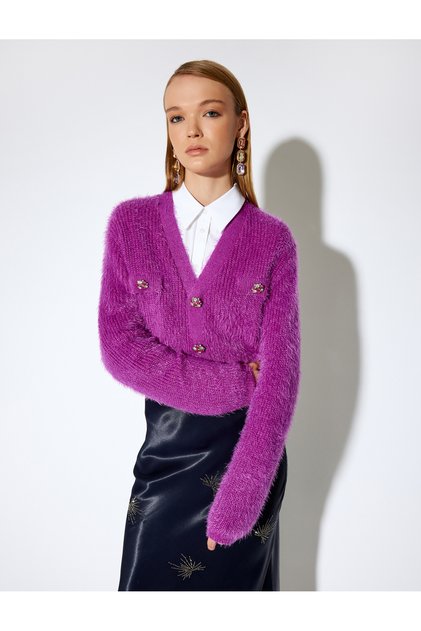 X Selected by Melis Ağazat - Long Sleeve V-Neck Plush Cardigan with Stone Button Detail