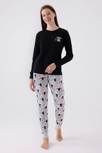 3491-S Koala Desenli Paçası Lastikli Penye Pijama Takım 'Anne Kız Kombin Yapılabilir'