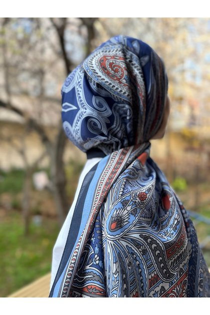 Hijab Ethnic Patterned Cotton Shawl Navy Blue
