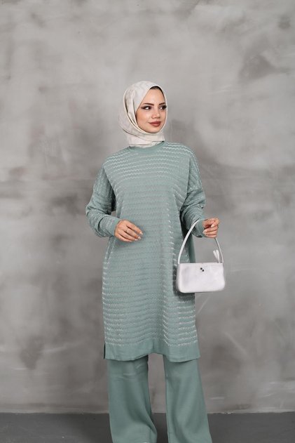 2-Piece Bottom-Up Suit Women's Modest Side Line Patterned Silvery Knitting Tunic Pants