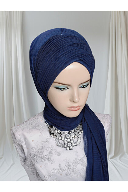 NurAy Light Navy Blue Sevda Shawl Ready Veil Ready Turban Evening Dress  Shawl- Trendyol