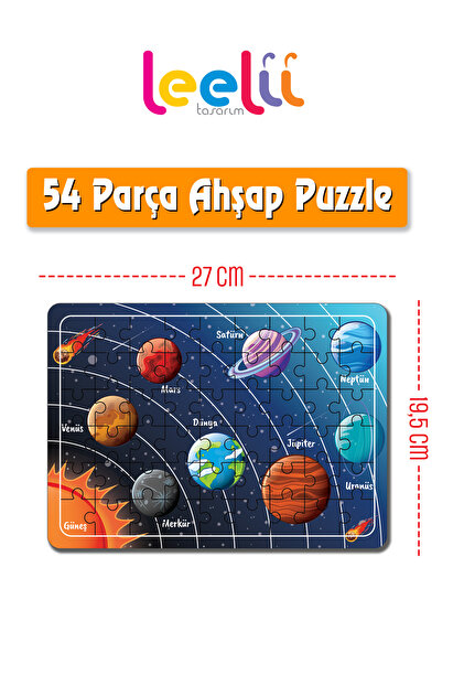 Leelii Tasarım Gezegenler, Uzay 54 Parça Ahşap Puzzle Yapboz
