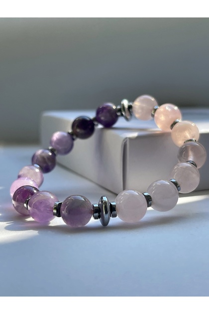 Pink Quartz & Amethyst Natural Stone Bracelet (Love and Energy Stone)