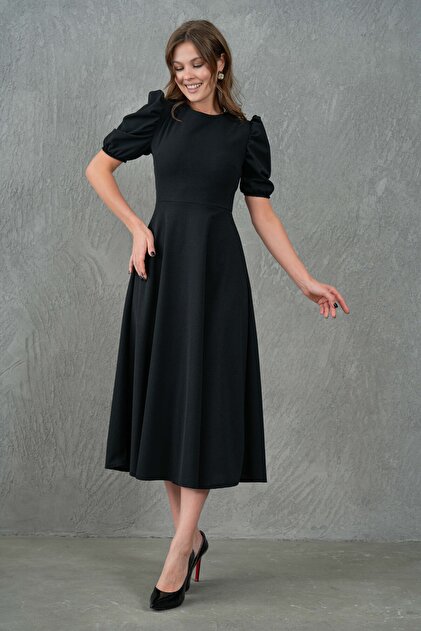 midi homecoming dress with sleeves bayansepeti Stretchy Fabric Balloon Sleeve Round Neck Midi Length Flared  Cut Black Evening Dress Homecoming Dress 092- Trendyol