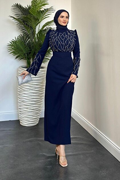 Anatolia Stone Crepe Evening Dress Navy Blue