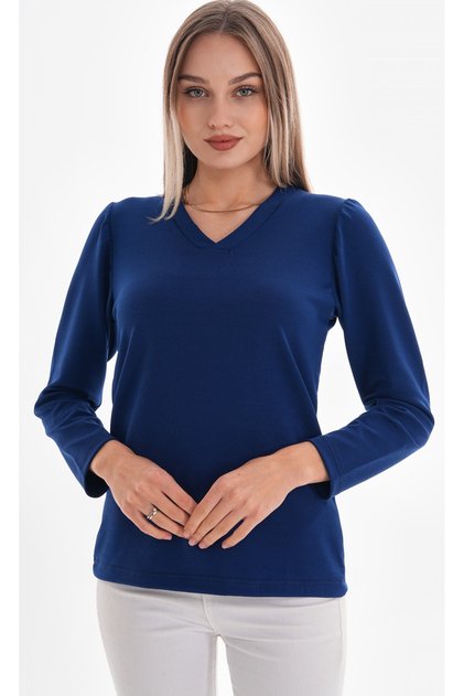 Navy Blue V-Neck Stretch Crepe Blouse