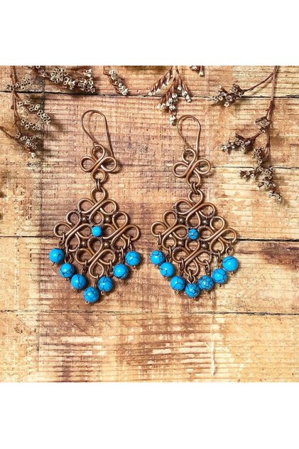 Handmade Copper Wire Winding Crimping Turquoise Earrings