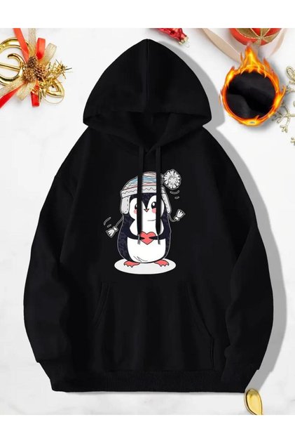 Cap Penguin Print 2 Thread Raster Pocket Hooded Sweatshirt