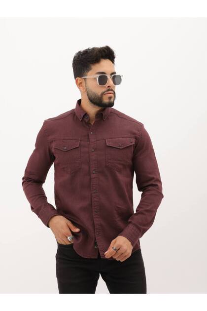Slim Fit Likralı Erkek Cepli Kot Gömlek Bordo