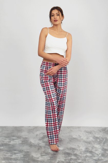Women's Cotton Plaid Pattern Sleepwear Sweatpants with Ribbon White Square