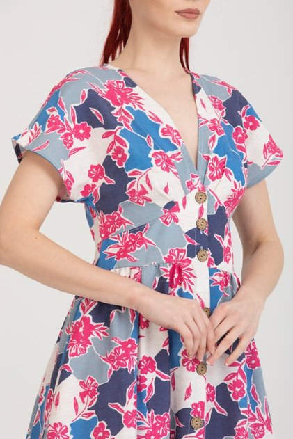 Floral Print Button-Down Short Sleeve Linen Dress