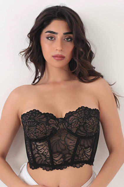 Brandpanty Kadın Siyah Sırt Kısmı Tül Çiçek Desenli Askısız