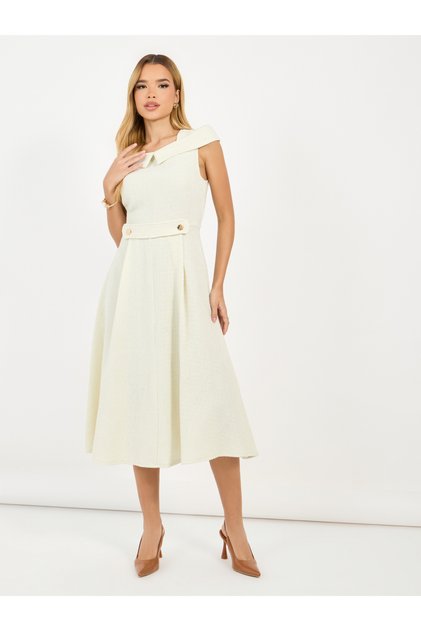 Tweed Box Pleat Sleeveless A-Line Midi Dress