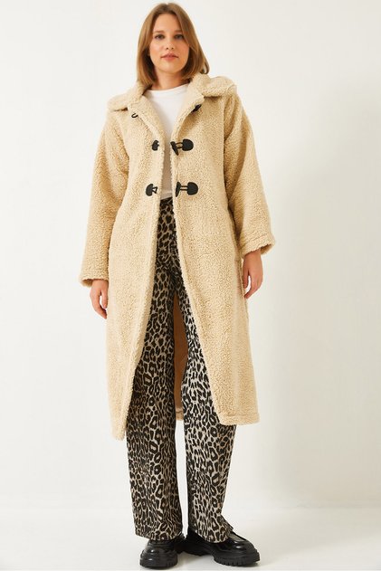 Women's Beige Buttoned Lined Belted Teddy Coat 938127 60261182
