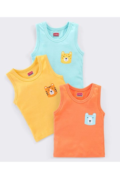 100% Antibacterial Sleeveless Sando Vests Tiger Print Pack Of 3- Orange Yellow & Blue