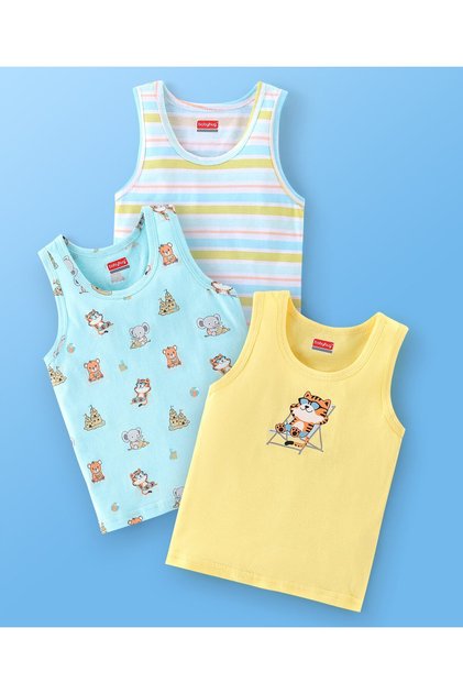 100% Cotton Sando Striped & Tiger Print Pack of 3 - Blue & Yellow