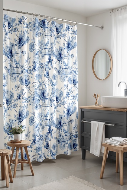Bathroom Curtain, Navy Blue Caged Birds Patterned Shower Curtain, Bathtub Curtain 175X200Cm