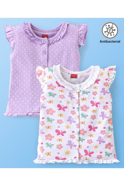 Babyhug 100% Cotton Antibacterial Vest Pack of 2 with Polka Dots & Butterfly Print - Purple & White
