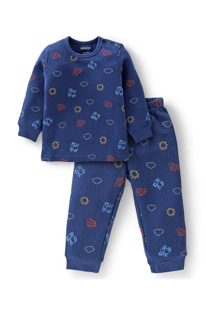 Babyoye Cotton Modal Full Sleeves Thermal Inner Wear Vest & Pajama Sunny Day Print - Navy Blue