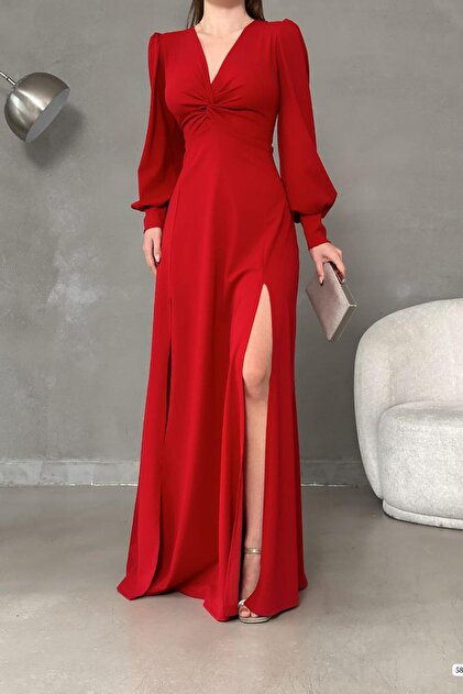 deafox Red Crepe Fabric Front Knot Detail Maxi Length Long Sleeve Double  Slit Dress- Trendyol