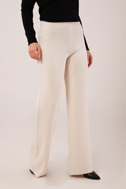 Ribbed Waist Elastic Wide Leg Beige Knitwear Trousers