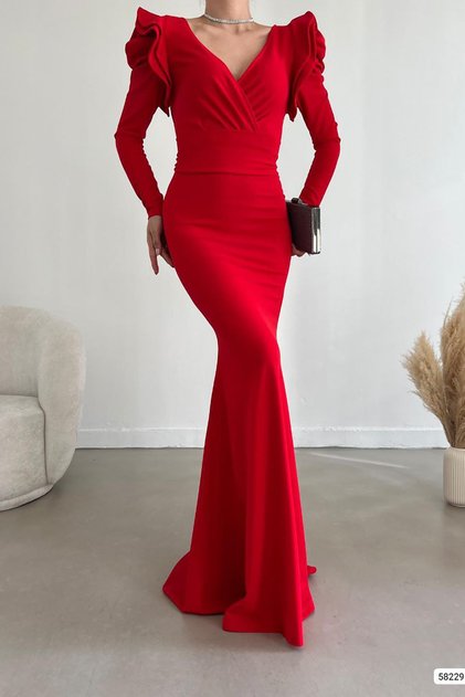 Red Shoulders Flounce Detail Long Sleeve Belted Maxi Length Imported Crepe Fabric Dress