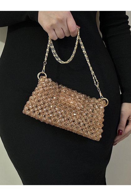 Champagne Bead Bag - Evening Dress Bag - Invitation Bag - Shoulder Bag - Evening Bag 20X13Cm