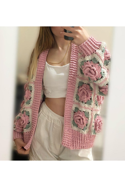 El örgüsü Rose Motif Crochet Women's Cardigan- Trendyol