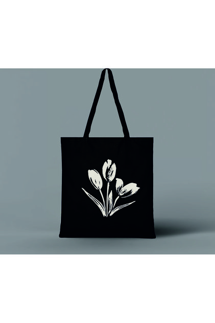 Tulips Printed Raw Cloth Black Shoulder Bag
