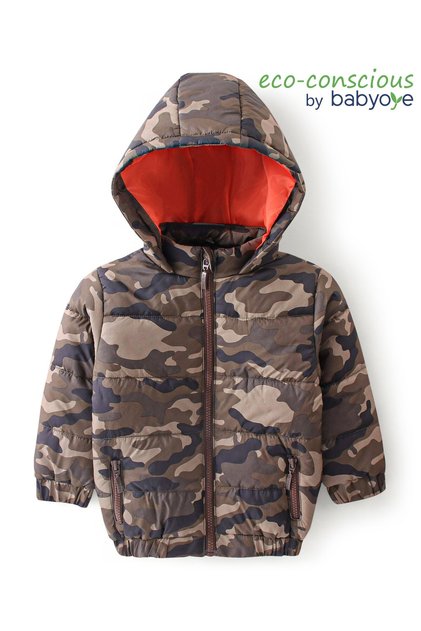 Babyoye Quilted Full Sleeves Hooded Jacket Camouflage Print - Brown