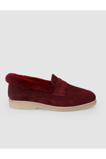 100% Genuine Leather Burgundy Suede Shearling Women's Loafer