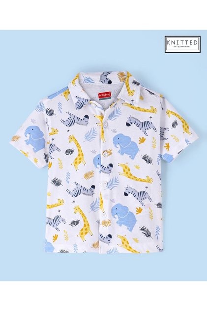 Babyhug Cotton Knit Half Sleeves Giraffe Printed Shirt - White